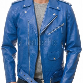 Men Blue Leather Jacket - Premium Electric Blue Brando Biker Coat Asymmetric Zip Shoulder Epaulets Belted Punk Rock Heavy Moto Rider Men