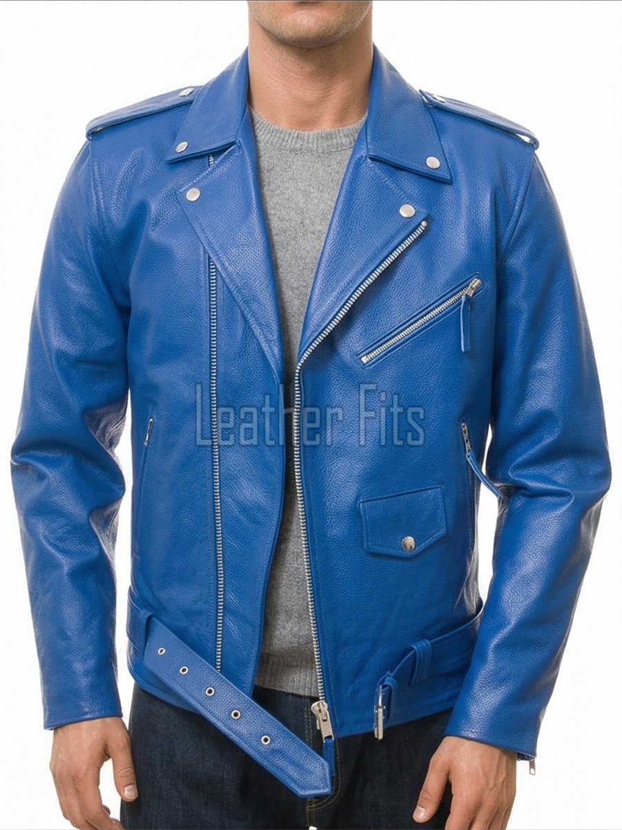 Men Blue Leather Jacket - Premium Electric Blue Brando Biker Coat Asymmetric Zip Shoulder Epaulets Belted Punk Rock Heavy Moto Rider Men