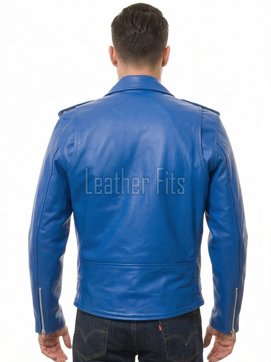 Men Blue Leather Jacket - Premium Electric Blue Brando Biker Coat Asymmetric Zip Shoulder Epaulets Belted Punk Rock Heavy Moto Rider Men