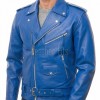Men Blue Leather Jacket - Premium Electric Blue Brando Biker Coat Asymmetric Zip Shoulder Epaulets Belted Punk Rock Heavy Moto Rider Men