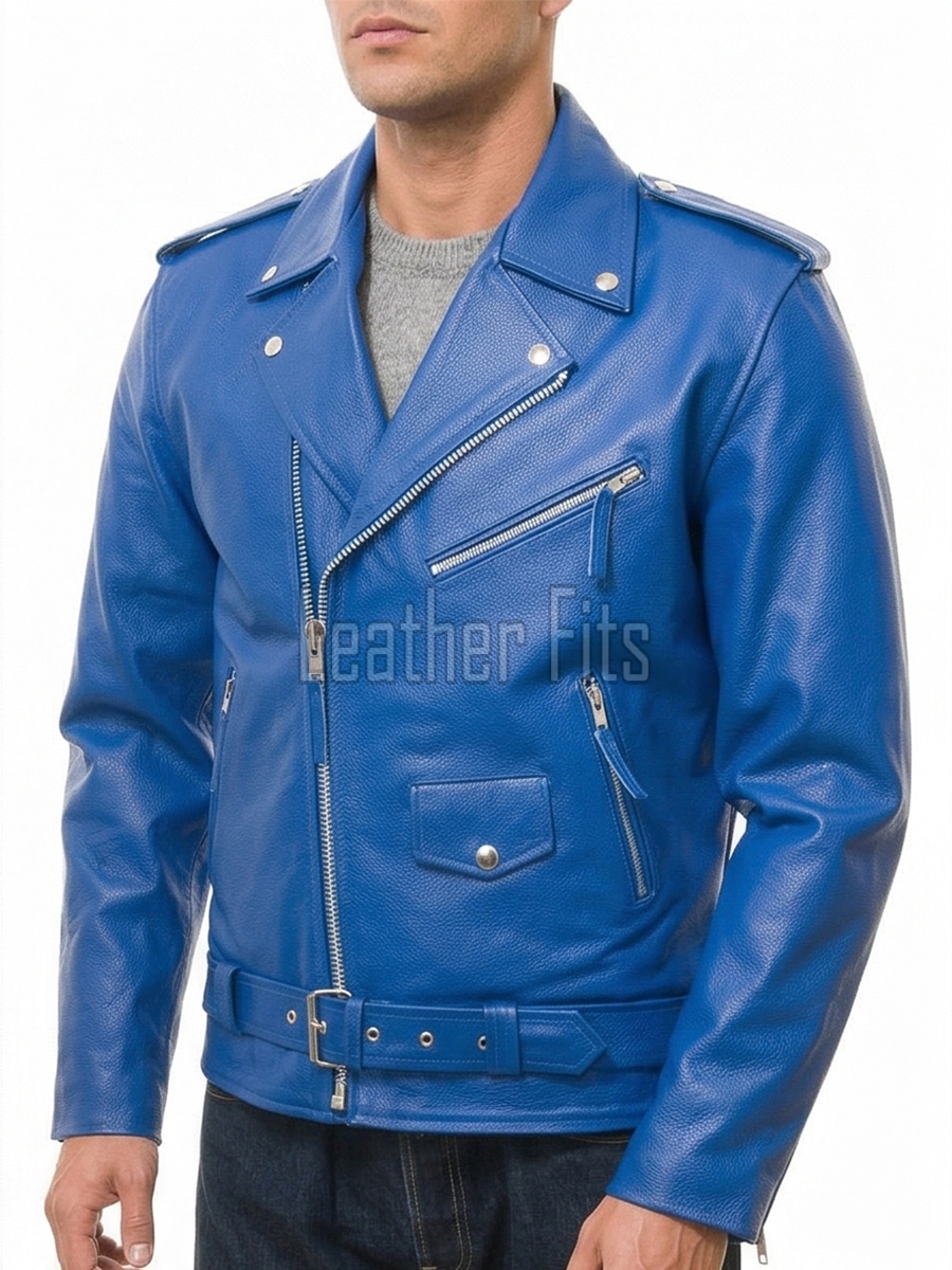 Men Blue Leather Jacket - Premium Electric Blue Brando Biker Coat Asymmetric Zip Shoulder Epaulets Belted Punk Rock Heavy Moto Rider Men
