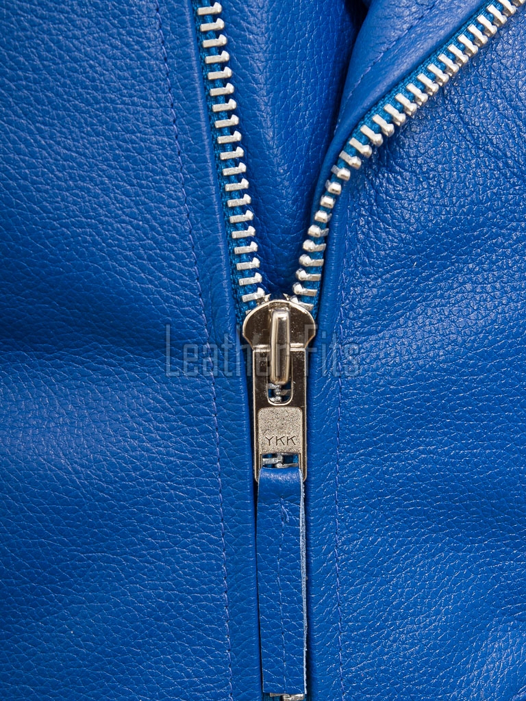 Men Blue Leather Jacket - Premium Electric Blue Brando Biker Coat Asymmetric Zip Shoulder Epaulets Belted Punk Rock Heavy Moto Rider Men