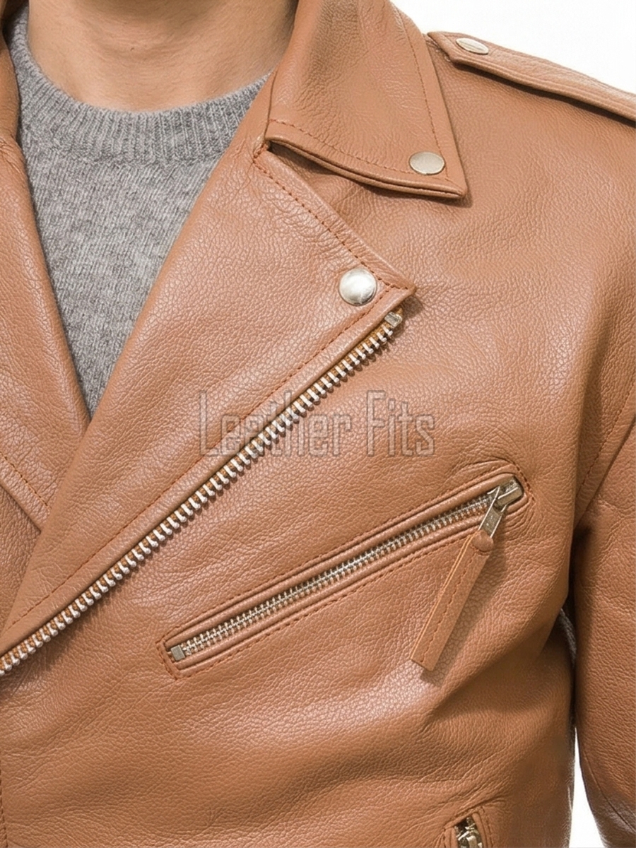 Men Brown Leather Jacket - Premium Tan Brando Biker Coat Asymmetric Zip Shoulder Epaulets Belted Classic Punk Rock Heavy Moto Rider Men