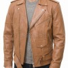 Men Brown Leather Jacket - Premium Tan Brando Biker Coat Asymmetric Zip Shoulder Epaulets Belted Classic Punk Rock Heavy Moto Rider Men