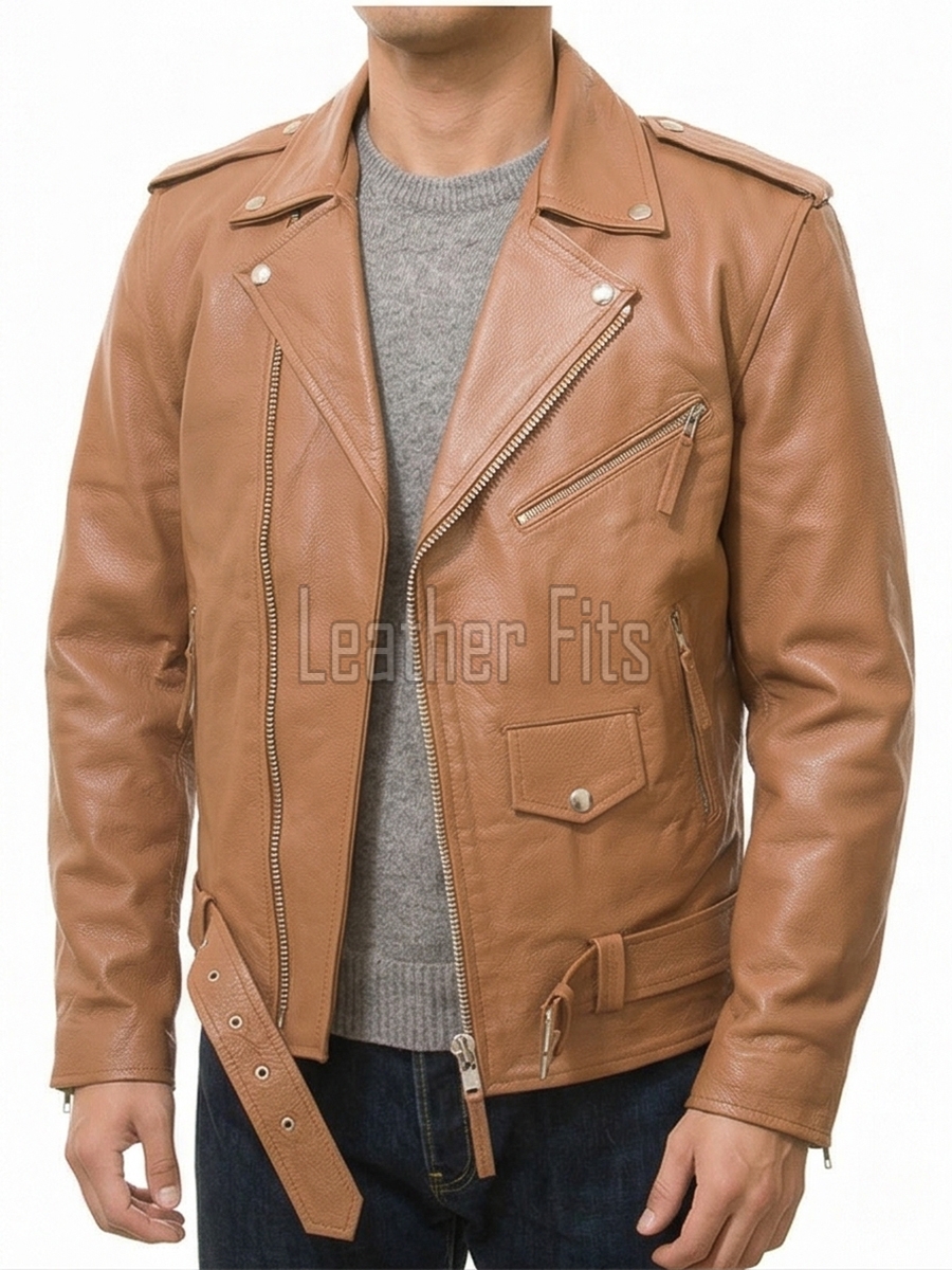 Men Brown Leather Jacket - Premium Tan Brando Biker Coat Asymmetric Zip Shoulder Epaulets Belted Classic Punk Rock Heavy Moto Rider Men