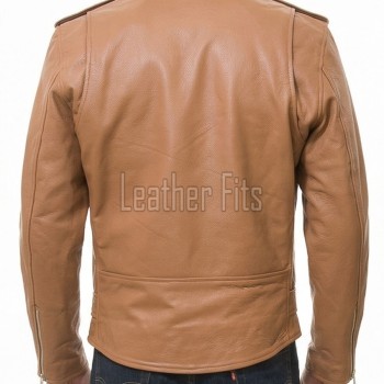 Men Brown Leather Jacket - Premium Tan Brando Biker Coat Asymmetric Zip Shoulder Epaulets Belted Classic Punk Rock Heavy Moto Rider Men