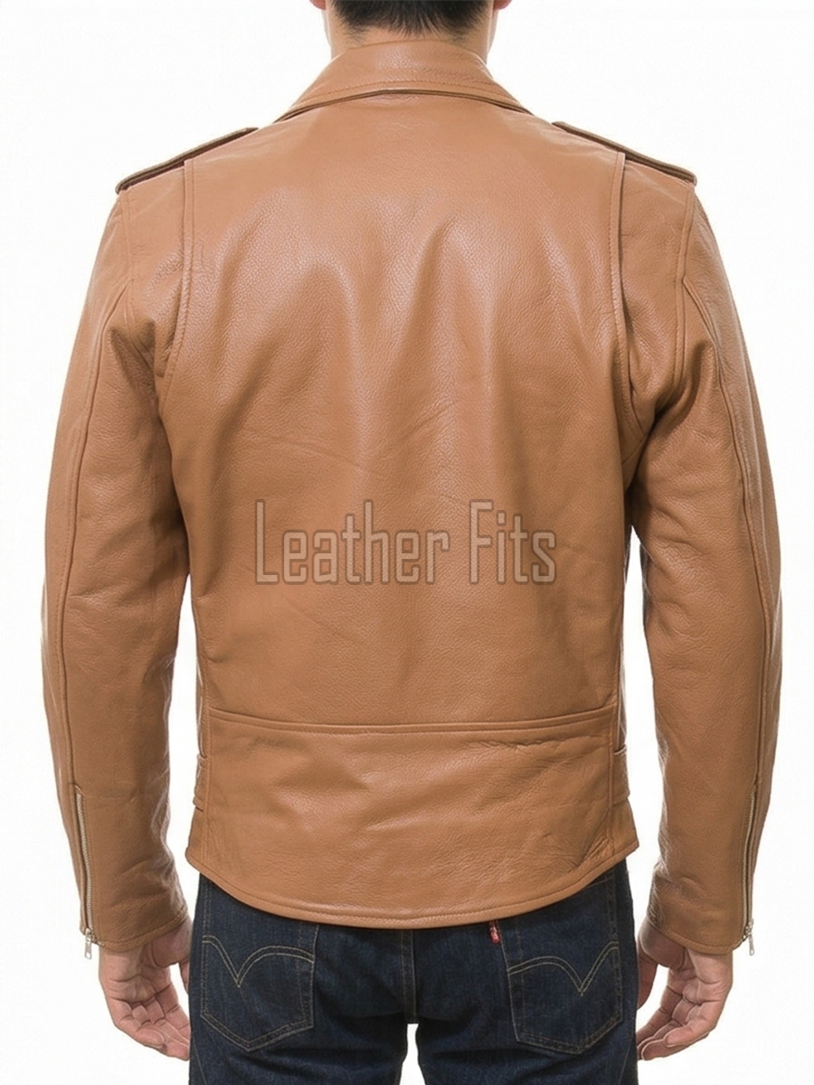 Men Brown Leather Jacket - Premium Tan Brando Biker Coat Asymmetric Zip Shoulder Epaulets Belted Classic Punk Rock Heavy Moto Rider Men
