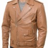 Men Brown Leather Jacket - Premium Tan Brando Biker Coat Asymmetric Zip Shoulder Epaulets Belted Classic Punk Rock Heavy Moto Rider Men