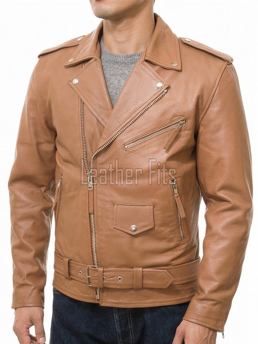 Men Brown Leather Jacket - Premium Tan Brando Biker Coat Asymmetric Zip Shoulder Epaulets Belted Classic Punk Rock Heavy Moto Rider Men