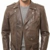 Men Brown Leather Jacket - Premium Distressed Brando Biker Coat Vintage Asymmetric Zip Shoulder Epaulets Belted Heavy Rock Moto Rider Men