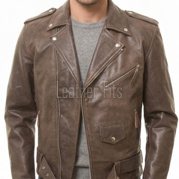 Men Brown Leather Jacket - Premium Distressed Brando Biker Coat Vintage Asymmetric Zip Shoulder Epaulets Belted Heavy Rock Moto Rider Men