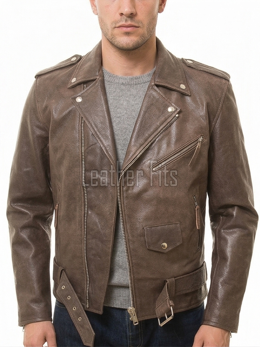 Men Brown Leather Jacket - Premium Distressed Brando Biker Coat Vintage Asymmetric Zip Shoulder Epaulets Belted Heavy Rock Moto Rider Men