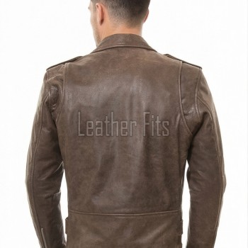 Men Brown Leather Jacket - Premium Distressed Brando Biker Coat Vintage Asymmetric Zip Shoulder Epaulets Belted Heavy Rock Moto Rider Men