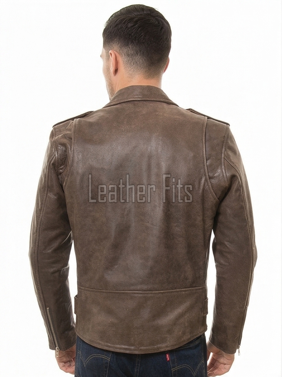 Men Brown Leather Jacket - Premium Distressed Brando Biker Coat Vintage Asymmetric Zip Shoulder Epaulets Belted Heavy Rock Moto Rider Men