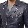 Men Blue Leather Jacket - Premium Navy Blue Brando Biker Coat Asymmetric Zip Shoulder Epaulets Belted Heavy Rock Moto Rider Outerwear Men
