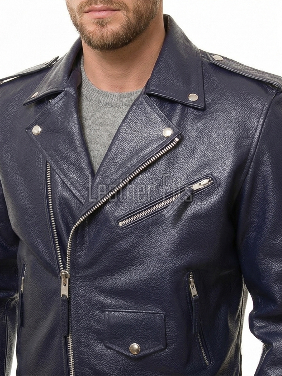Men Blue Leather Jacket - Premium Navy Blue Brando Biker Coat Asymmetric Zip Shoulder Epaulets Belted Heavy Rock Moto Rider Outerwear Men