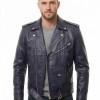 Men Blue Leather Jacket - Premium Navy Blue Brando Biker Coat Asymmetric Zip Shoulder Epaulets Belted Heavy Rock Moto Rider Outerwear Men