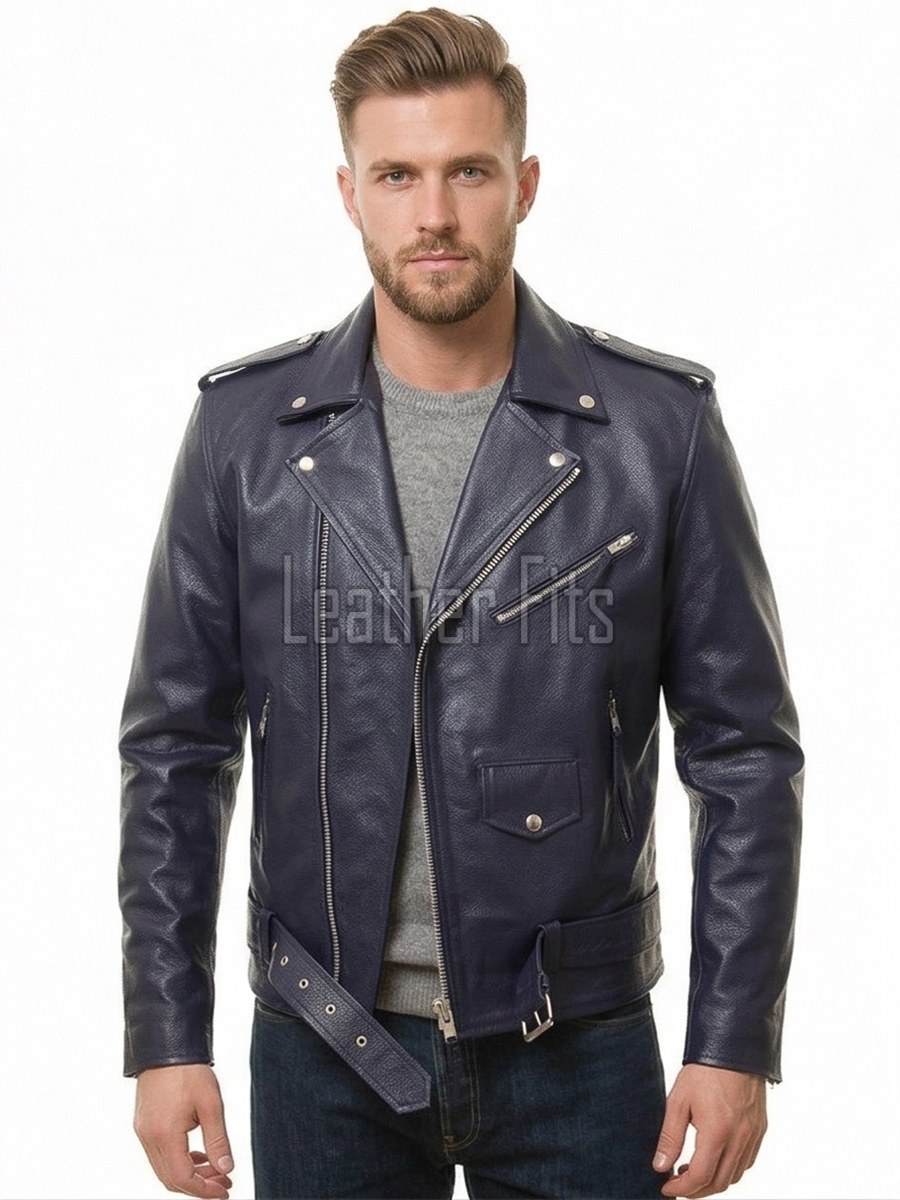 Men Blue Leather Jacket - Premium Navy Blue Brando Biker Coat Asymmetric Zip Shoulder Epaulets Belted Heavy Rock Moto Rider Outerwear Men