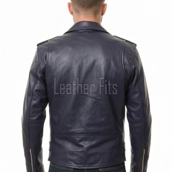 Men Blue Leather Jacket - Premium Navy Blue Brando Biker Coat Asymmetric Zip Shoulder Epaulets Belted Heavy Rock Moto Rider Outerwear Men