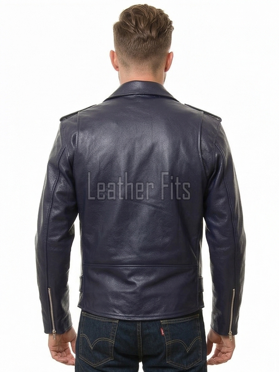 Men Blue Leather Jacket - Premium Navy Blue Brando Biker Coat Asymmetric Zip Shoulder Epaulets Belted Heavy Rock Moto Rider Outerwear Men