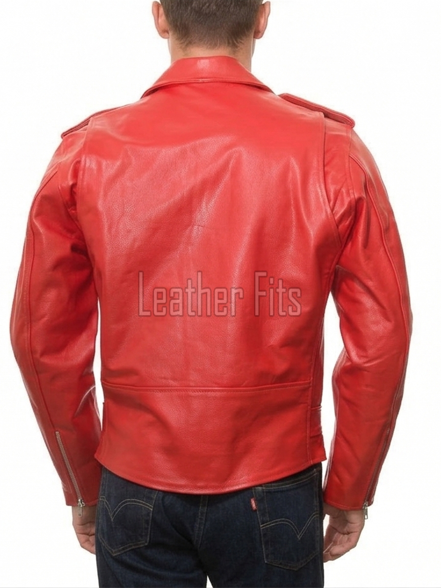 Men Red Leather Jacket - Premium Vibrant Crimson Brando Biker Coat Asymmetric Zip Shoulder Epaulets Belted Heavy Rock Moto Rider Men