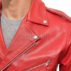 Men Red Leather Jacket - Premium Vibrant Crimson Brando Biker Coat Asymmetric Zip Shoulder Epaulets Belted Heavy Rock Moto Rider Men