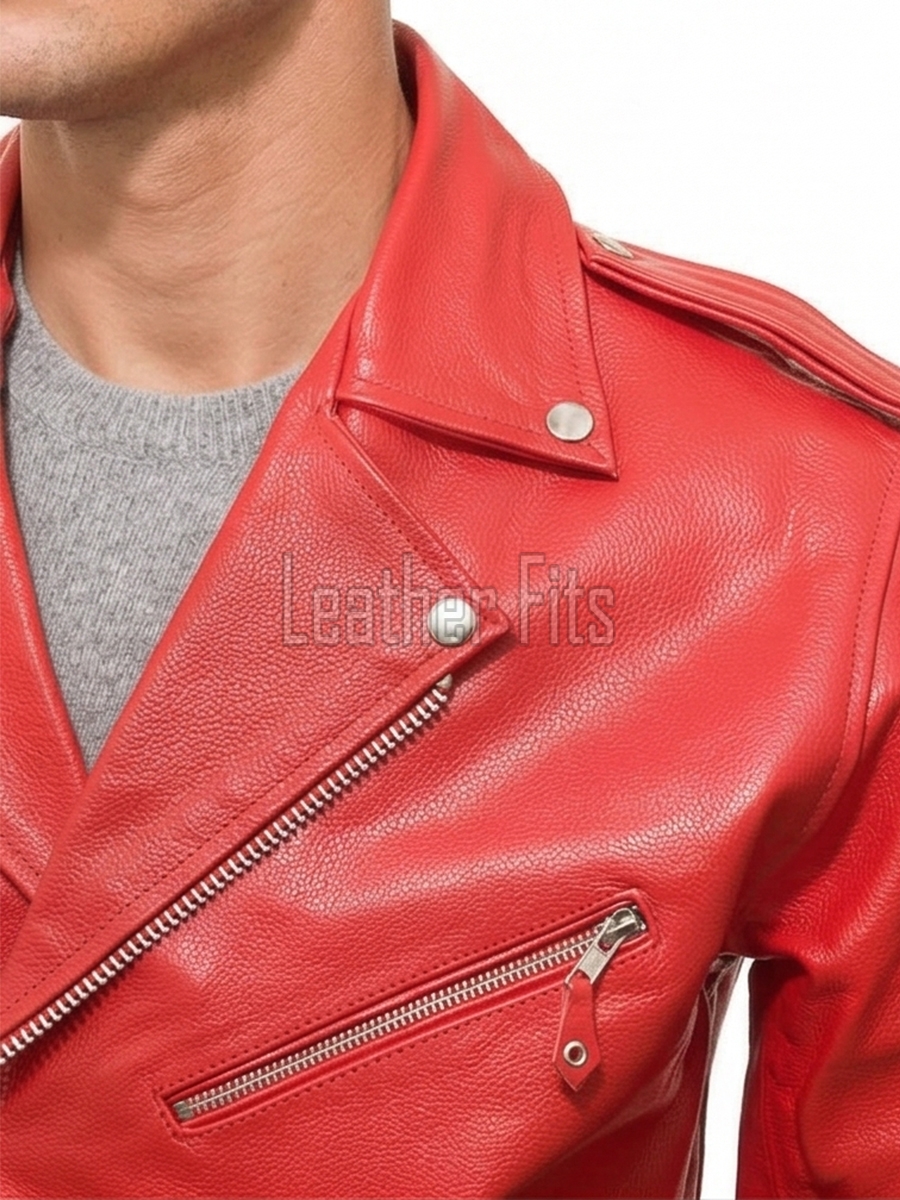 Men Red Leather Jacket - Premium Vibrant Crimson Brando Biker Coat Asymmetric Zip Shoulder Epaulets Belted Heavy Rock Moto Rider Men