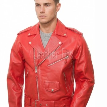 Men Red Leather Jacket - Premium Vibrant Crimson Brando Biker Coat Asymmetric Zip Shoulder Epaulets Belted Heavy Rock Moto Rider Men