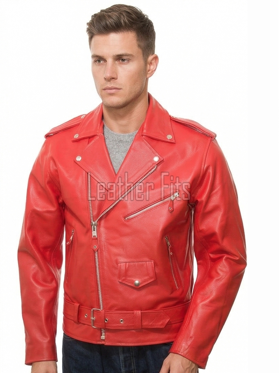 Men Red Leather Jacket - Premium Vibrant Crimson Brando Biker Coat Asymmetric Zip Shoulder Epaulets Belted Heavy Rock Moto Rider Men