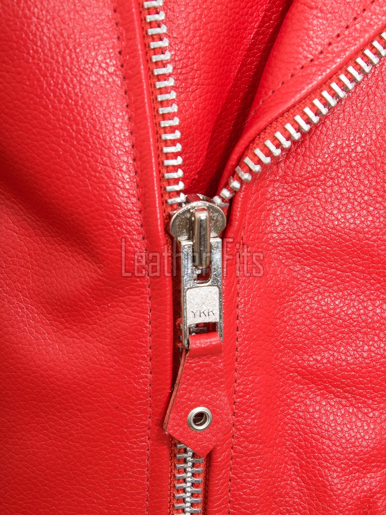 Men Red Leather Jacket - Premium Vibrant Crimson Brando Biker Coat Asymmetric Zip Shoulder Epaulets Belted Heavy Rock Moto Rider Men