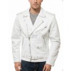 Men White Leather Jacket - Premium Stark White Brando Biker Coat Asymmetric Zip Shoulder Epaulets Belted Heavy Rock Moto Rider Men