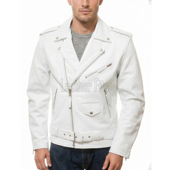 Men White Leather Jacket - Premium Stark White Brando Biker Coat Asymmetric Zip Shoulder Epaulets Belted Heavy Rock Moto Rider Men