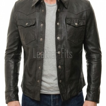 Men Black Leather Jacket - Premium Genuine Soft Cowhide Western Shirt Slim Fit Casual Classic Snap Button Luxury Vintage Moto Outerwear Men
