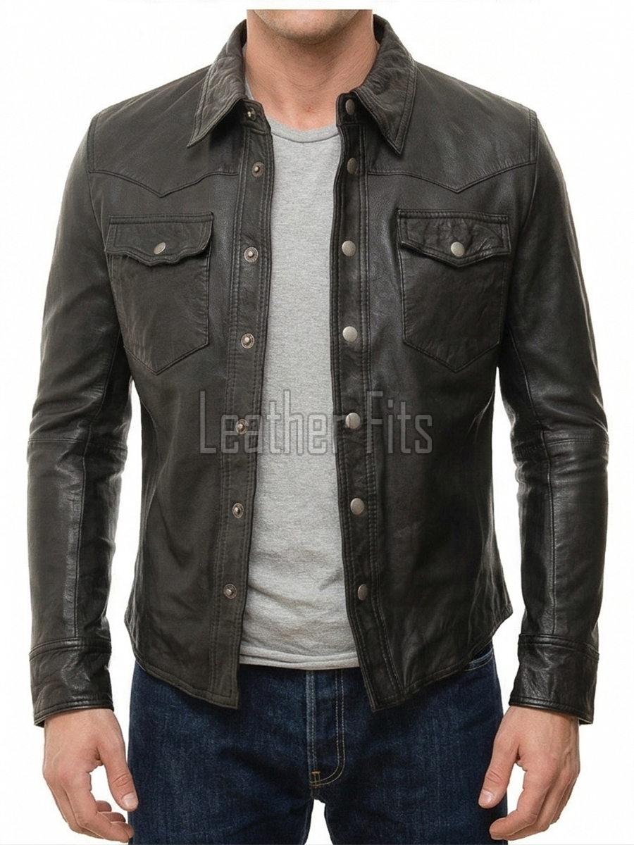 Men Black Leather Jacket - Premium Genuine Soft Cowhide Western Shirt Slim Fit Casual Classic Snap Button Luxury Vintage Moto Outerwear Men