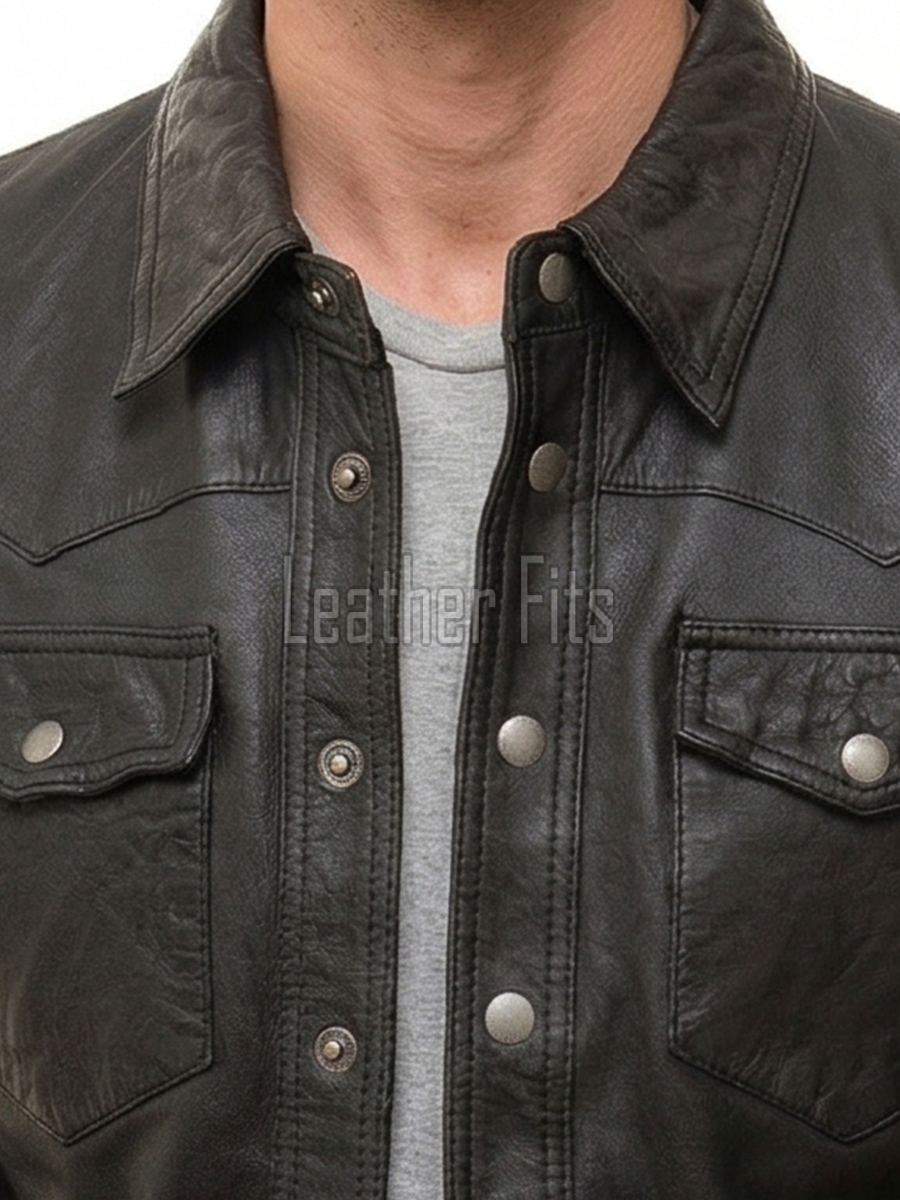 Men Black Leather Jacket - Premium Genuine Soft Cowhide Western Shirt Slim Fit Casual Classic Snap Button Luxury Vintage Moto Outerwear Men