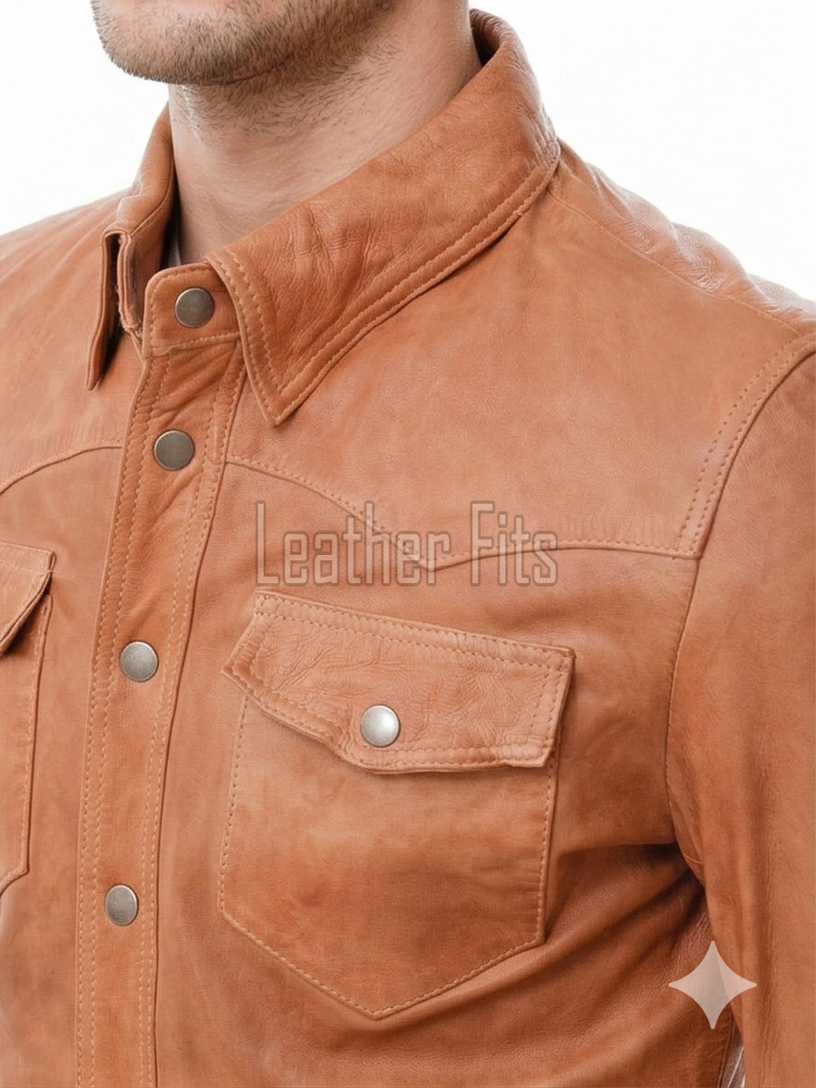Men Brown Leather Jacket - Premium Tan Western Shirt Soft Genuine Cowhide Slim Fit Casual Classic Snap Button Luxury Vintage Outerwear Men