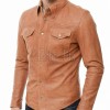 Men Brown Leather Jacket - Premium Tan Western Shirt Soft Genuine Cowhide Slim Fit Casual Classic Snap Button Luxury Vintage Outerwear Men