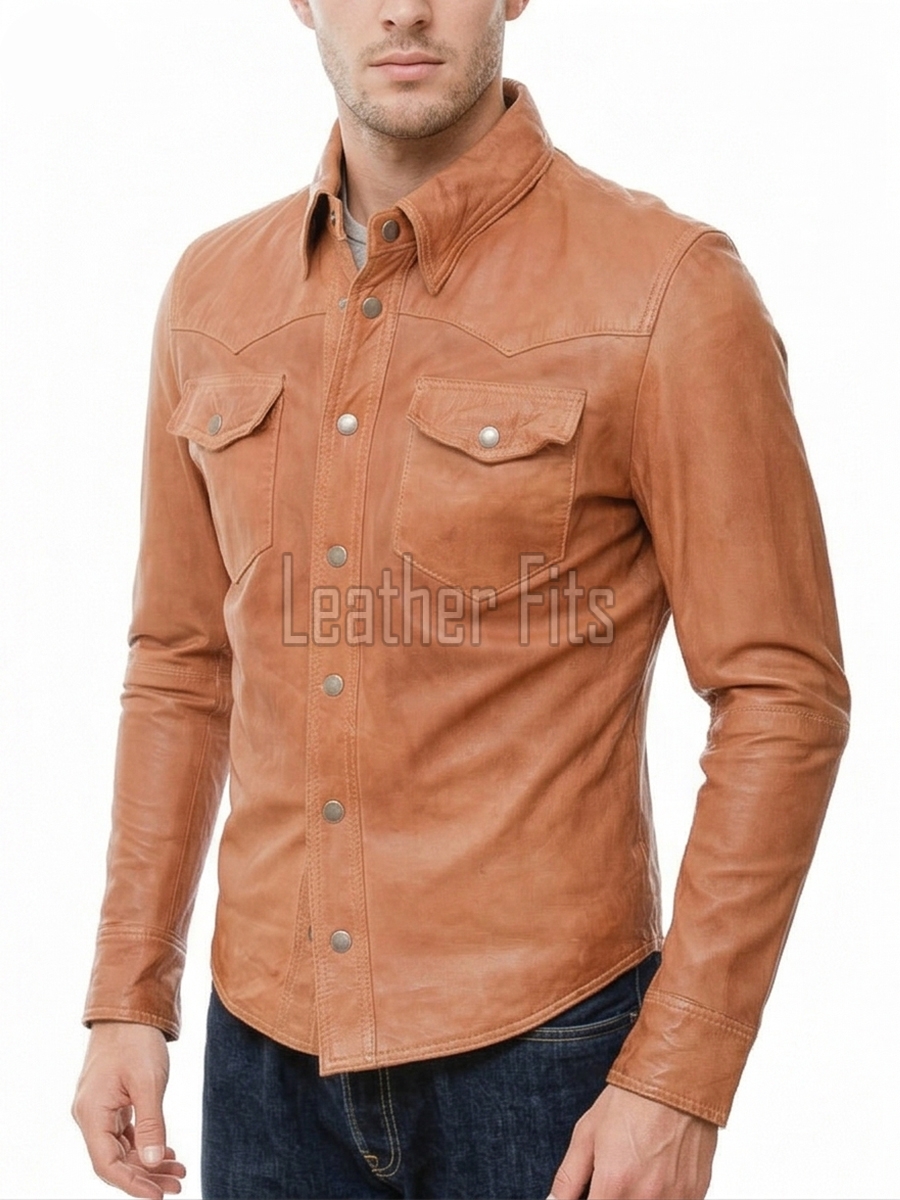 Men Brown Leather Jacket - Premium Tan Western Shirt Soft Genuine Cowhide Slim Fit Casual Classic Snap Button Luxury Vintage Outerwear Men