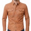 Men Brown Leather Jacket - Premium Tan Western Shirt Soft Genuine Cowhide Slim Fit Casual Classic Snap Button Luxury Vintage Outerwear Men