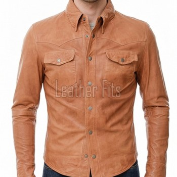 Men Brown Leather Jacket - Premium Tan Western Shirt Soft Genuine Cowhide Slim Fit Casual Classic Snap Button Luxury Vintage Outerwear Men