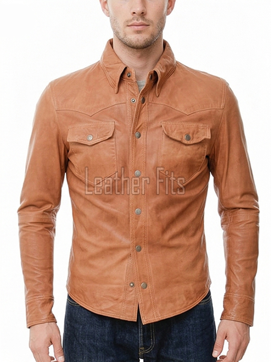 Men Brown Leather Jacket - Premium Tan Western Shirt Soft Genuine Cowhide Slim Fit Casual Classic Snap Button Luxury Vintage Outerwear Men
