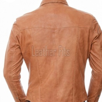 Men Brown Leather Jacket - Premium Tan Western Shirt Soft Genuine Cowhide Slim Fit Casual Classic Snap Button Luxury Vintage Outerwear Men