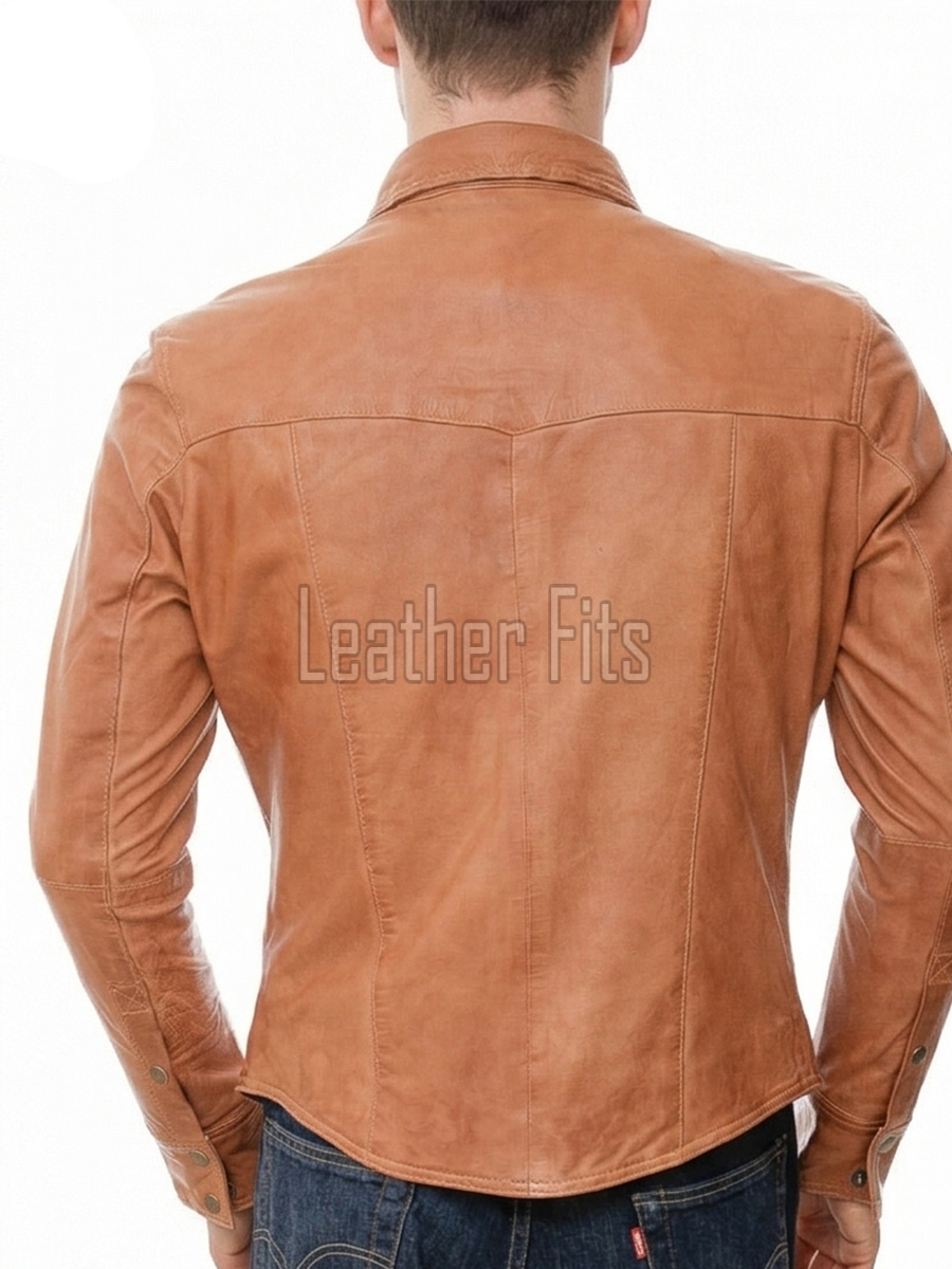 Men Brown Leather Jacket - Premium Tan Western Shirt Soft Genuine Cowhide Slim Fit Casual Classic Snap Button Luxury Vintage Outerwear Men