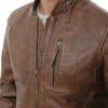 Men Brown Leather Jacket - Premium Distressed Antique Cafe Racer Coat Stand Collar Zipper Multi Pockets Casual Vintage Moto Rider Outerwear Men