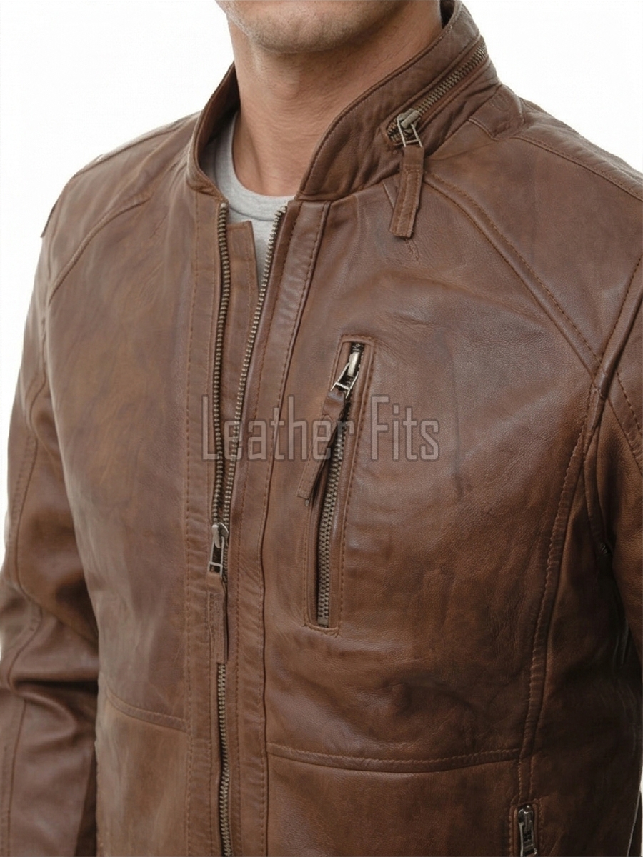 Men Brown Leather Jacket - Premium Distressed Antique Cafe Racer Coat Stand Collar Zipper Multi Pockets Casual Vintage Moto Rider Outerwear Men