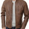 Men Brown Leather Jacket - Premium Distressed Antique Cafe Racer Coat Stand Collar Zipper Multi Pockets Casual Vintage Moto Rider Outerwear Men