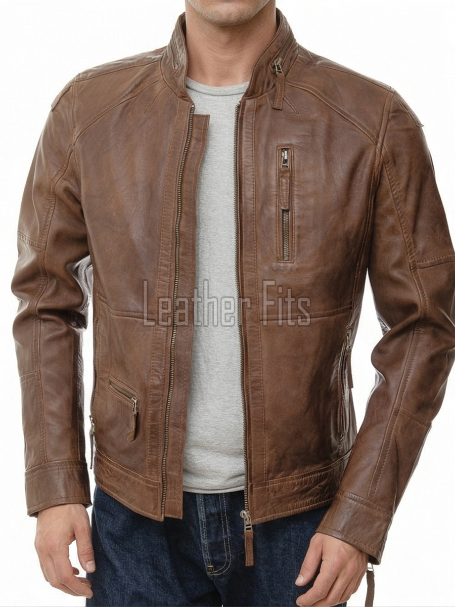 Men Brown Leather Jacket - Premium Distressed Antique Cafe Racer Coat Stand Collar Zipper Multi Pockets Casual Vintage Moto Rider Outerwear Men