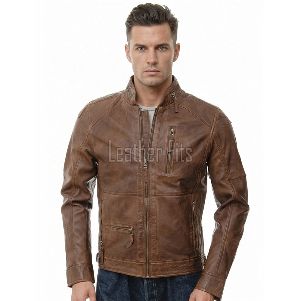 Men Brown Leather Jacket - Premium Distressed Antique Cafe Racer Coat Stand Collar Zipper Multi Pockets Casual Vintage Moto Rider Outerwear Men