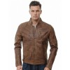 Men Brown Leather Jacket - Premium Distressed Antique Cafe Racer Coat Stand Collar Zipper Multi Pockets Casual Vintage Moto Rider Outerwear Men