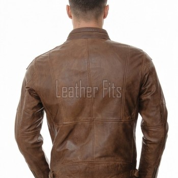 Men Brown Leather Jacket - Premium Distressed Antique Cafe Racer Coat Stand Collar Zipper Multi Pockets Casual Vintage Moto Rider Outerwear Men